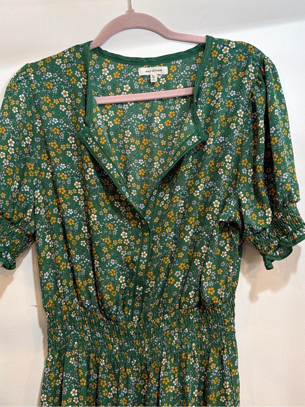 Max Studio Green Floral Maxi Dress with Puff Sleeves